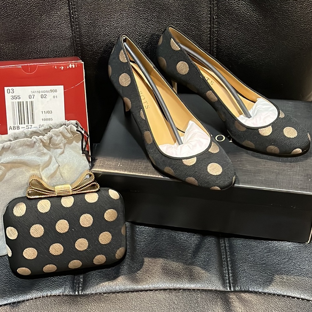 Talbots Nori 1 Black & Gold Polka Dot Women’s Heels 6.5 Plus Matching Purse NWT